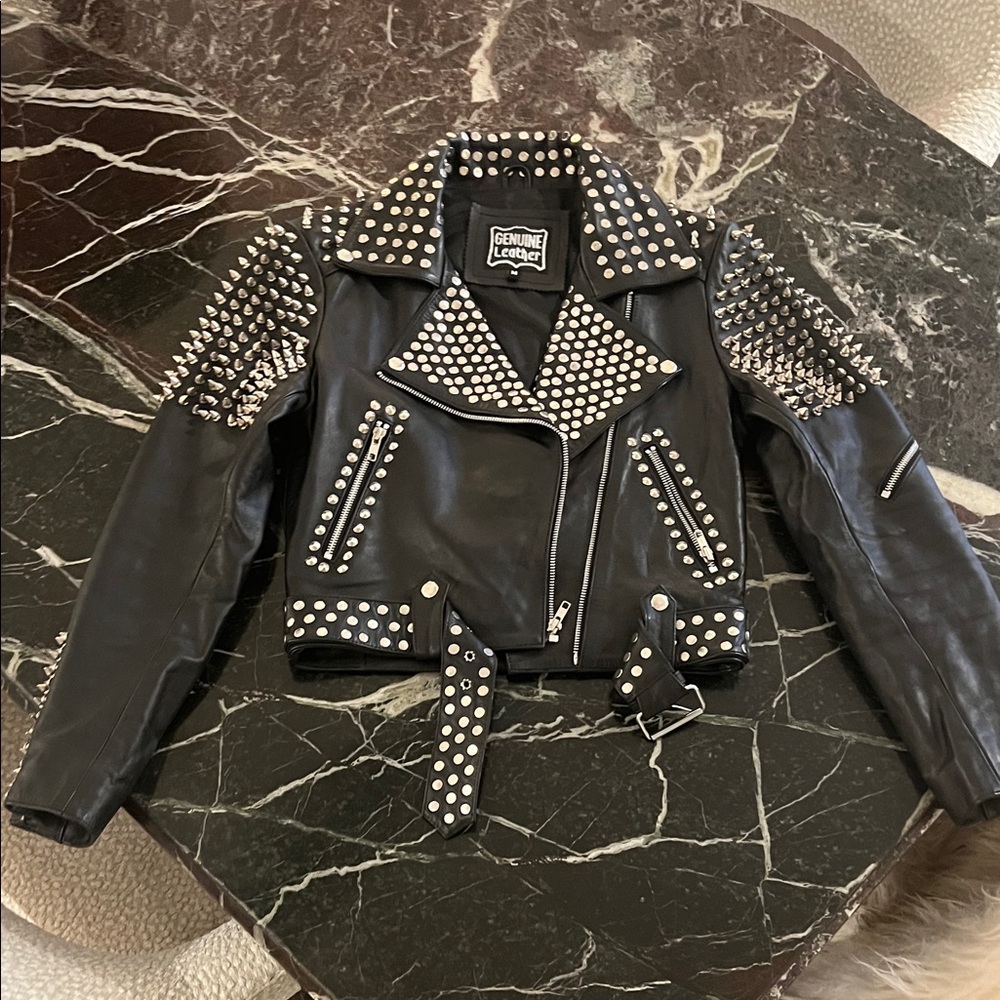 Black Leather Studded Women's Biker Jacket